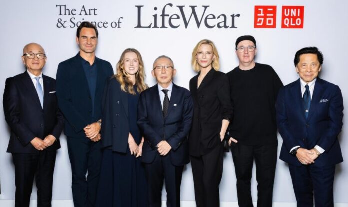 (L-R) Mitsuo Ohya, Roger Federer, Clare Waight Keller, Tadashi Yanai, Cate Blanchett, KAWS, John C Jay